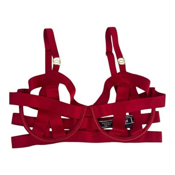 Victoria's Secret Red Banded Caged Strappy Unlined Balconet Bra 34DD Underwire - Picture 6 of 11